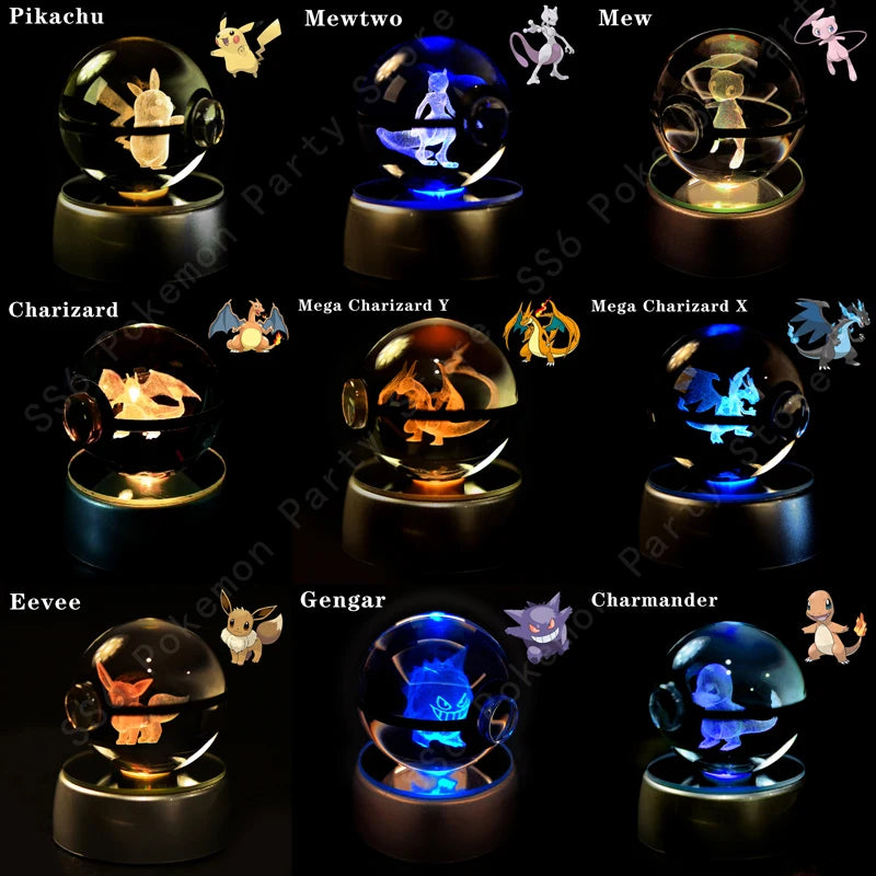 3D Crystal Ball LED Night Light – Pikachu, Mewtwo & More